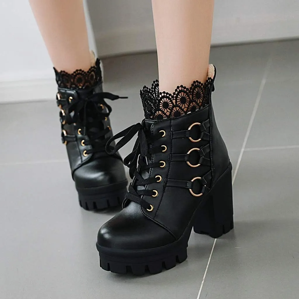 AMDBEL Fall Boots for Women 2023 Cowboy Boots,Vintage Knee High Boots Lace Up Boots Chunky Heels Retro Gothic Mid Calf Boots