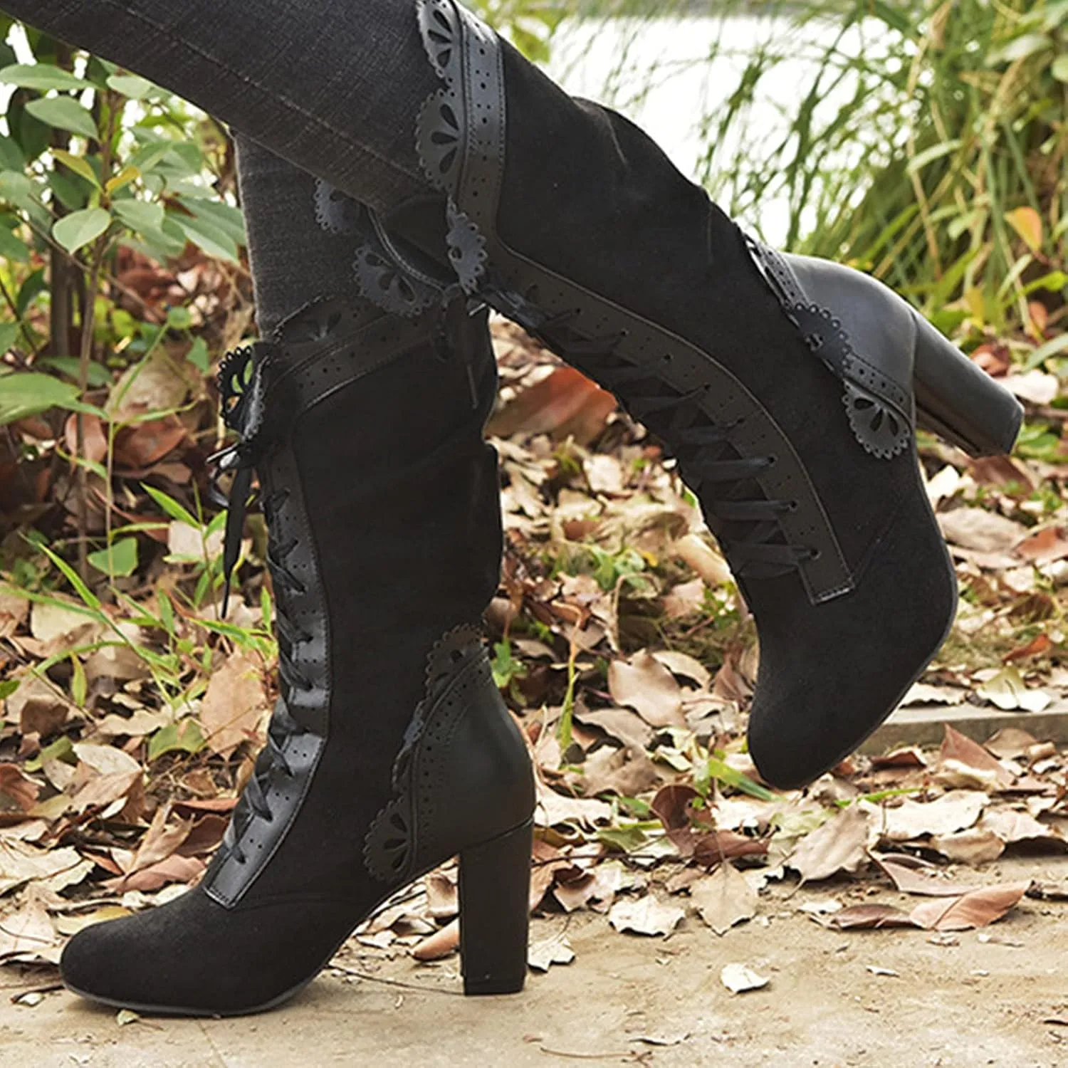 AMDBEL Fall Boots for Women 2023 Cowboy Boots,Vintage Knee High Boots Lace Up Boots Chunky Heels Retro Gothic Mid Calf Boots