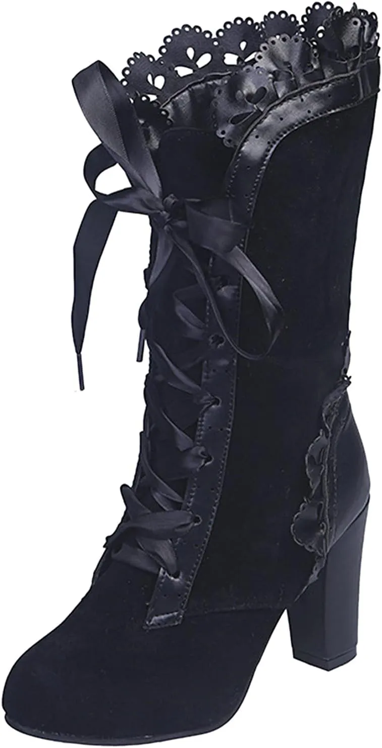 AMDBEL Fall Boots for Women 2023 Cowboy Boots,Vintage Knee High Boots Lace Up Boots Chunky Heels Retro Gothic Mid Calf Boots