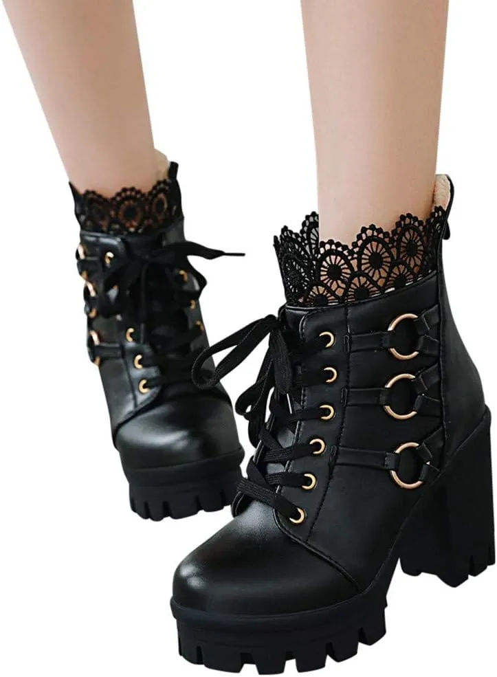 AMDBEL Fall Boots for Women 2023 Cowboy Boots,Vintage Knee High Boots Lace Up Boots Chunky Heels Retro Gothic Mid Calf Boots