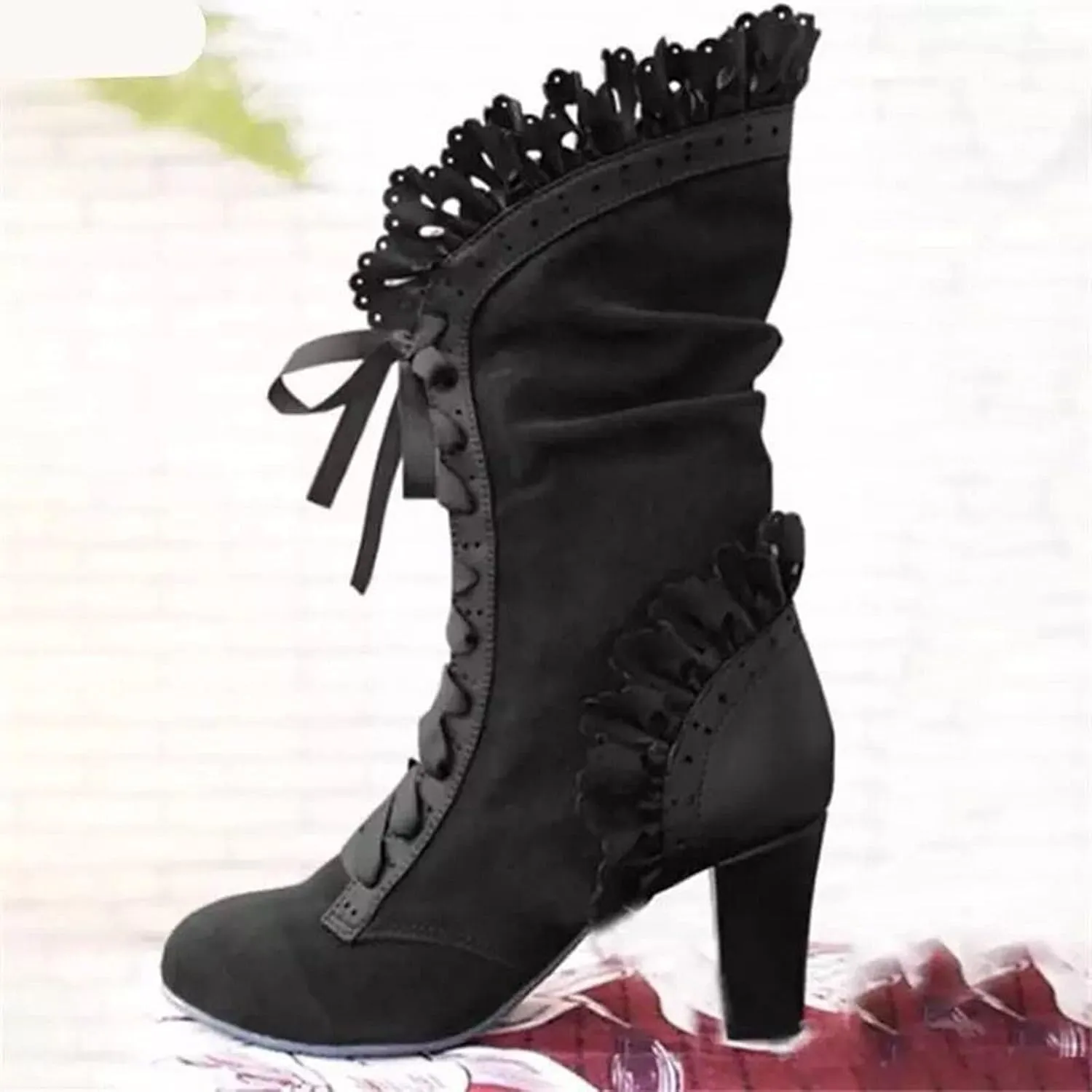 AMDBEL Fall Boots for Women 2023 Cowboy Boots,Vintage Knee High Boots Lace Up Boots Chunky Heels Retro Gothic Mid Calf Boots