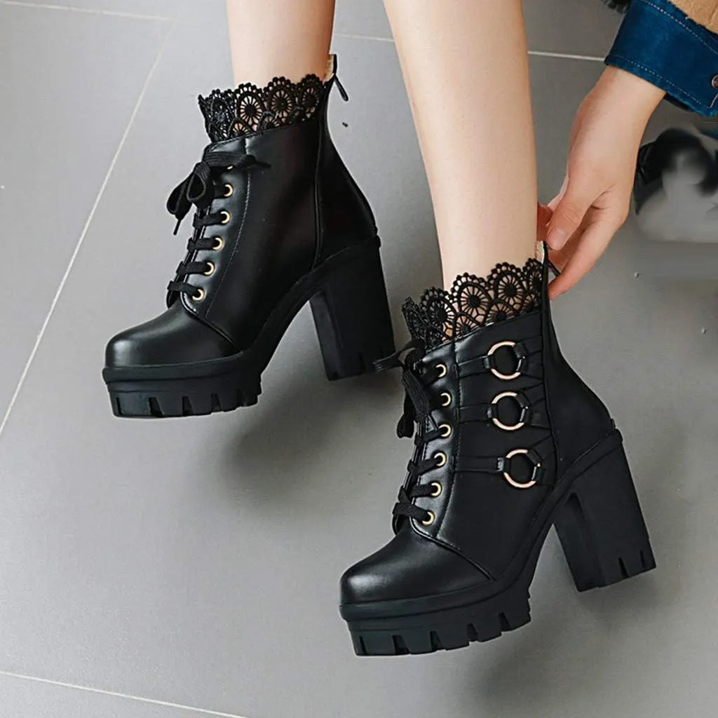AMDBEL Fall Boots for Women 2023 Cowboy Boots,Vintage Knee High Boots Lace Up Boots Chunky Heels Retro Gothic Mid Calf Boots