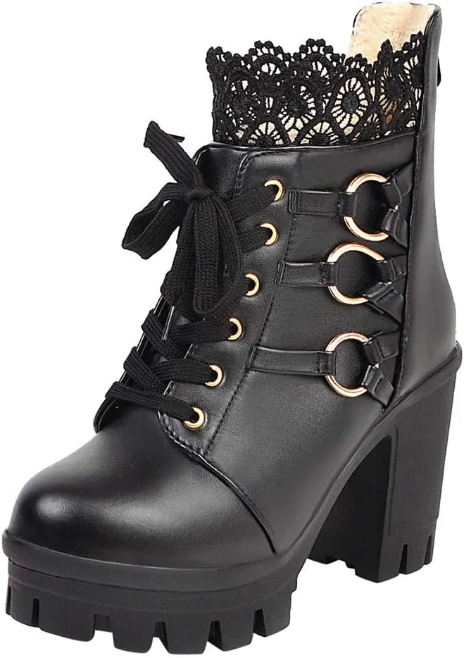 AMDBEL Fall Boots for Women 2023 Cowboy Boots,Vintage Knee High Boots Lace Up Boots Chunky Heels Retro Gothic Mid Calf Boots