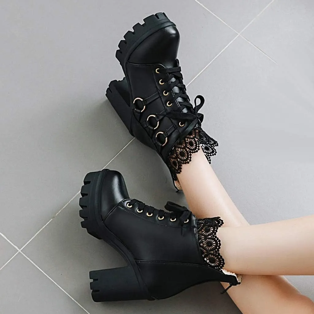 AMDBEL Fall Boots for Women 2023 Cowboy Boots,Vintage Knee High Boots Lace Up Boots Chunky Heels Retro Gothic Mid Calf Boots