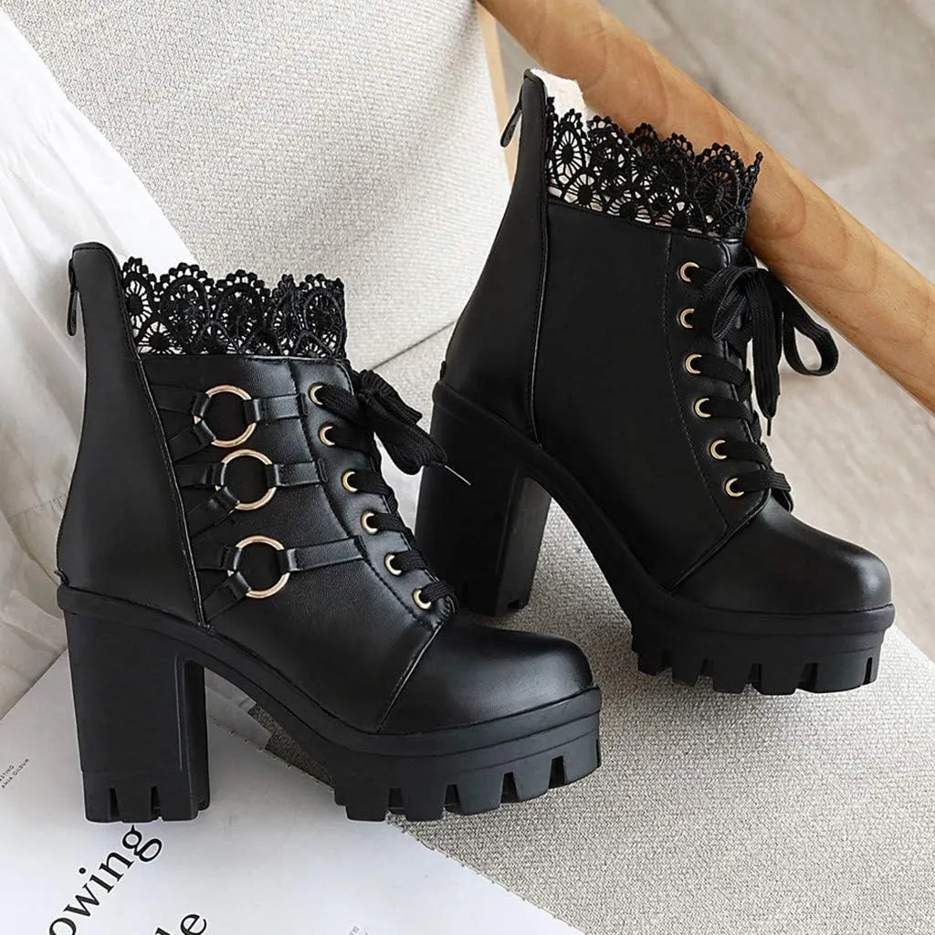 AMDBEL Fall Boots for Women 2023 Cowboy Boots,Vintage Knee High Boots Lace Up Boots Chunky Heels Retro Gothic Mid Calf Boots