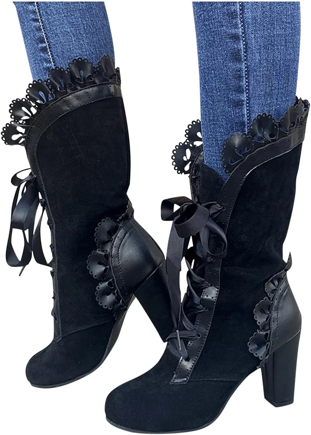 AMDBEL Fall Boots for Women 2023 Cowboy Boots,Vintage Knee High Boots Lace Up Boots Chunky Heels Retro Gothic Mid Calf Boots