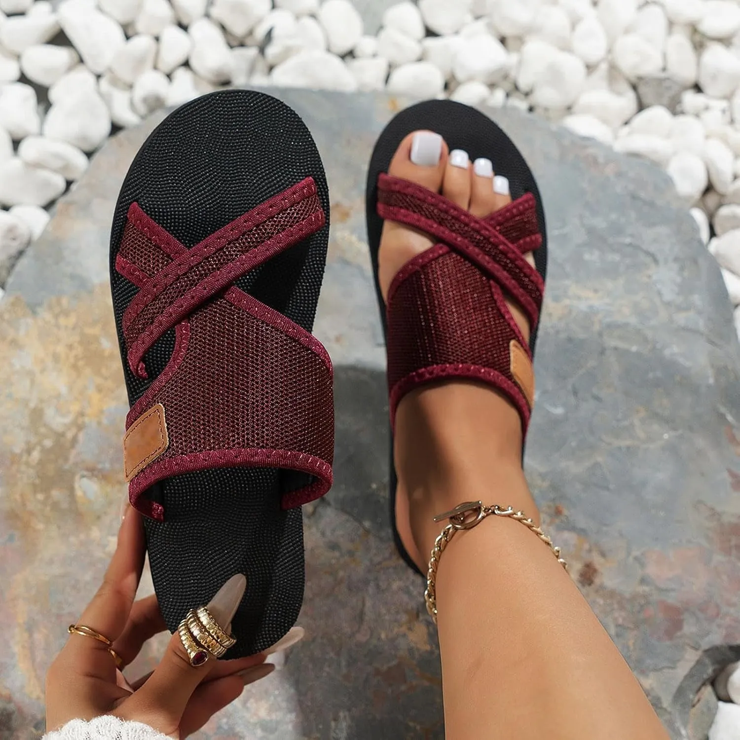 Avylays Orthopedic Sandals for Women Hollow Mesh Slide Flip Flops Comfortable Breathable Sandals with Arch Support