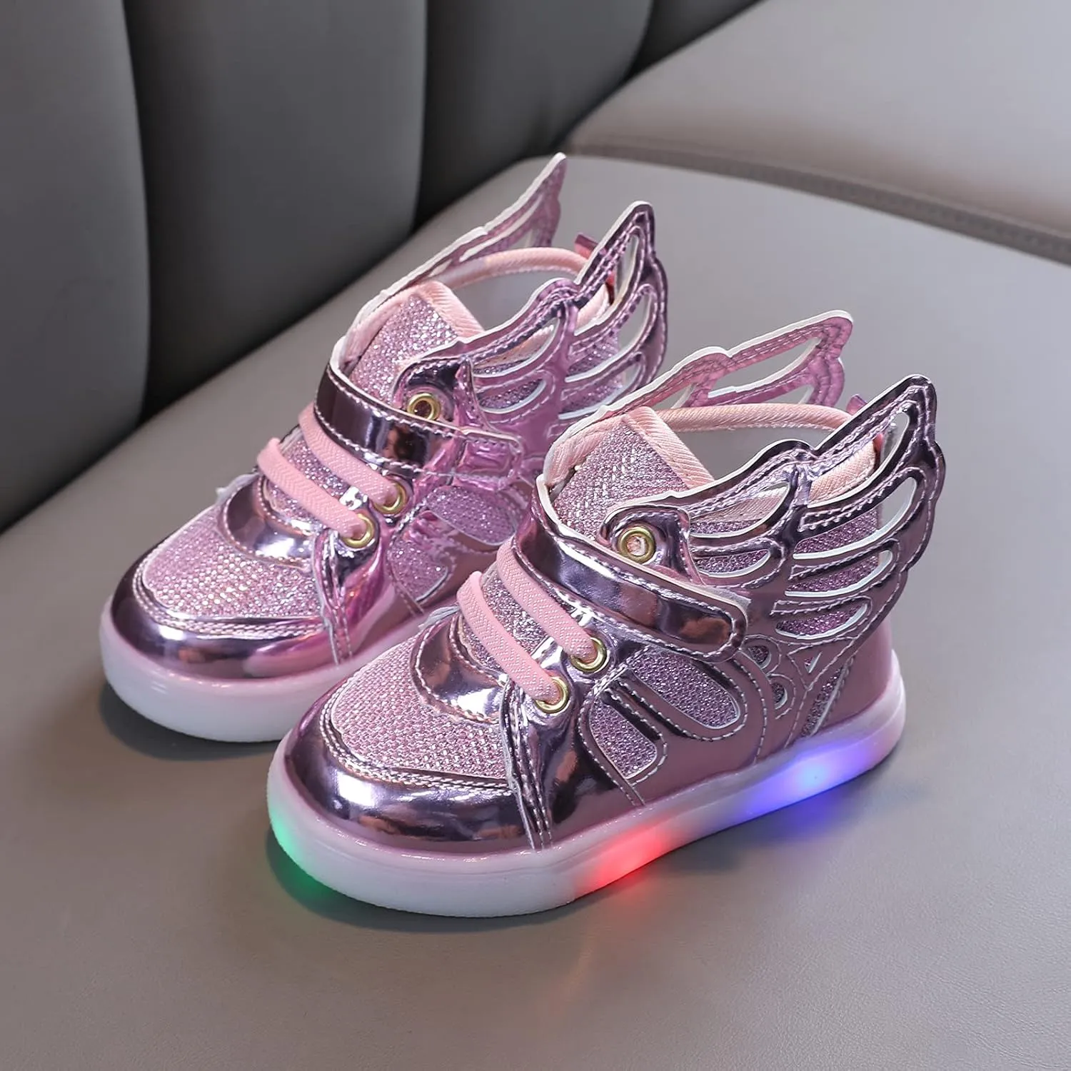 Baby Girls Light Up Wings Decor Breathable Sports Shoes Toddler Girls Infant Casual Sports Flash Lightweight Sneakers