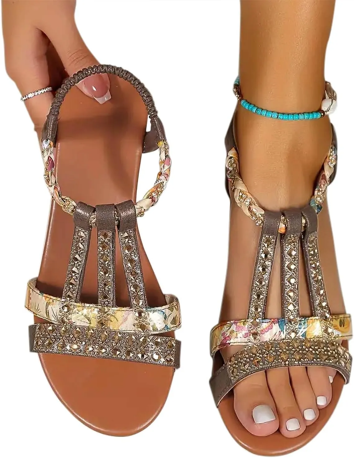 Beaded Gladiator Sandals for Women Thong Flats Comfy Boho Walking Vacation Dressy Summer Beach Shoes