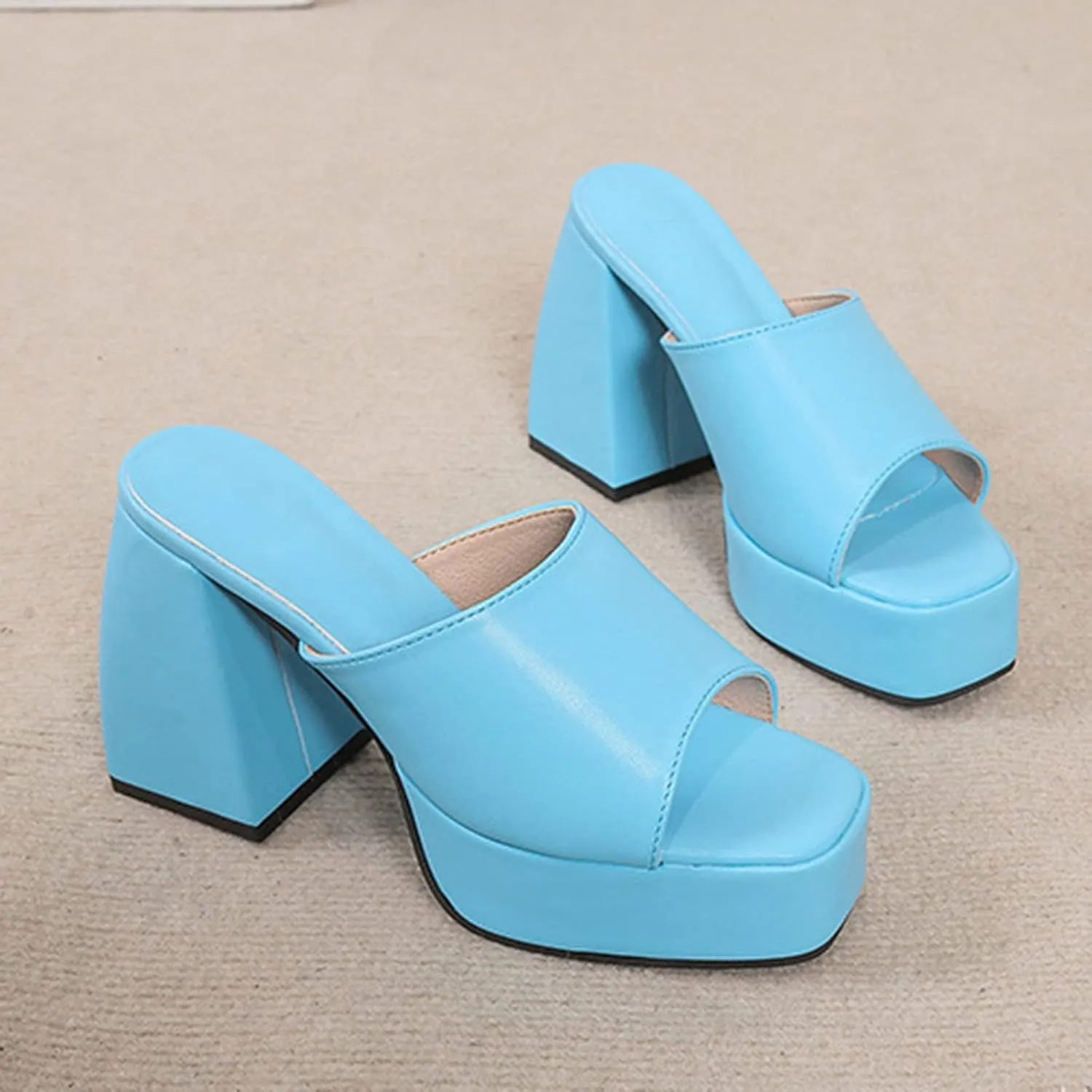 Chunky Heel Sandals for Women Platform Summer Square Head Fish Mouth Open Toe Slip on Block Heel High Heel Shoes Solid Casual Comfy Ladies Slipper