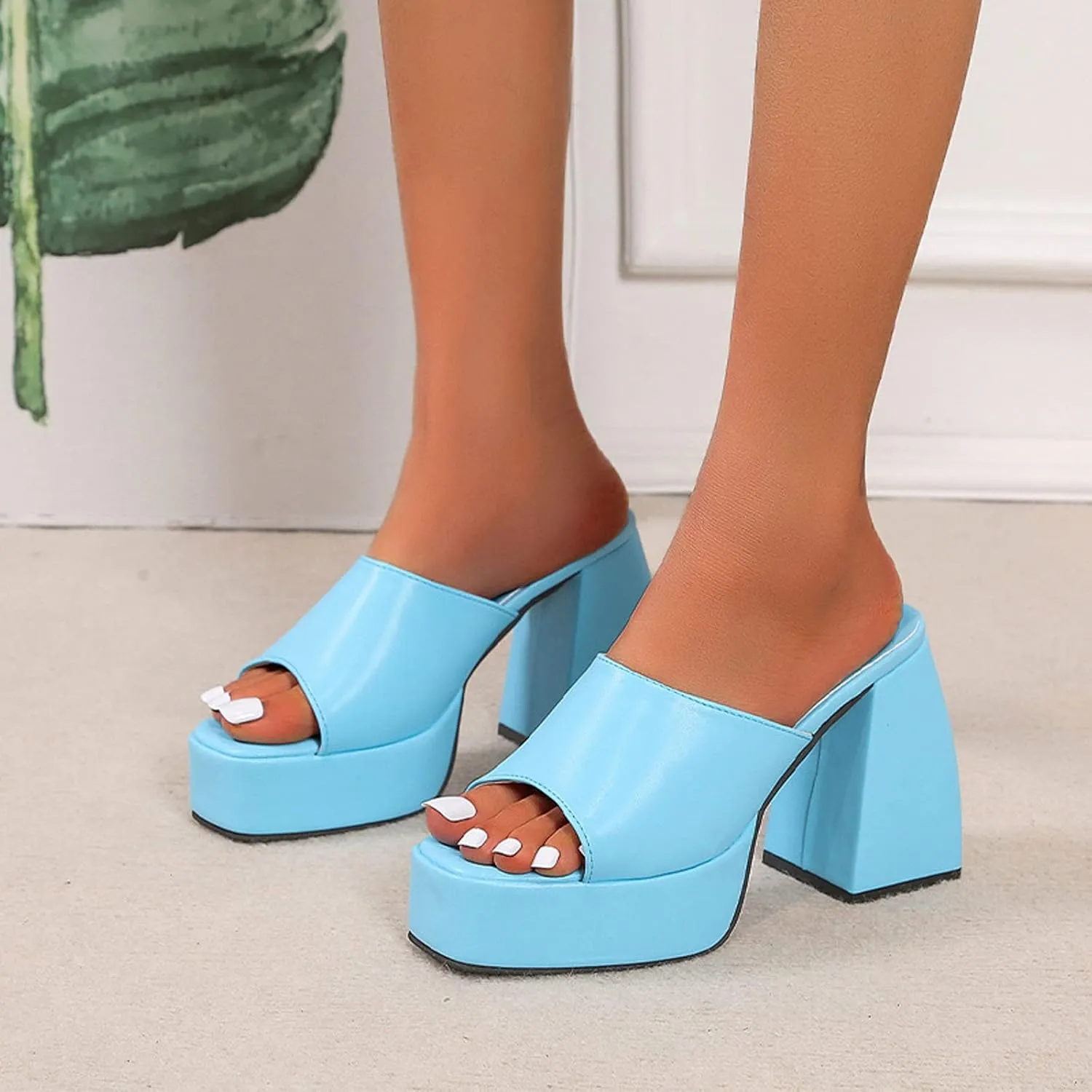 Chunky Heel Sandals for Women Platform Summer Square Head Fish Mouth Open Toe Slip on Block Heel High Heel Shoes Solid Casual Comfy Ladies Slipper
