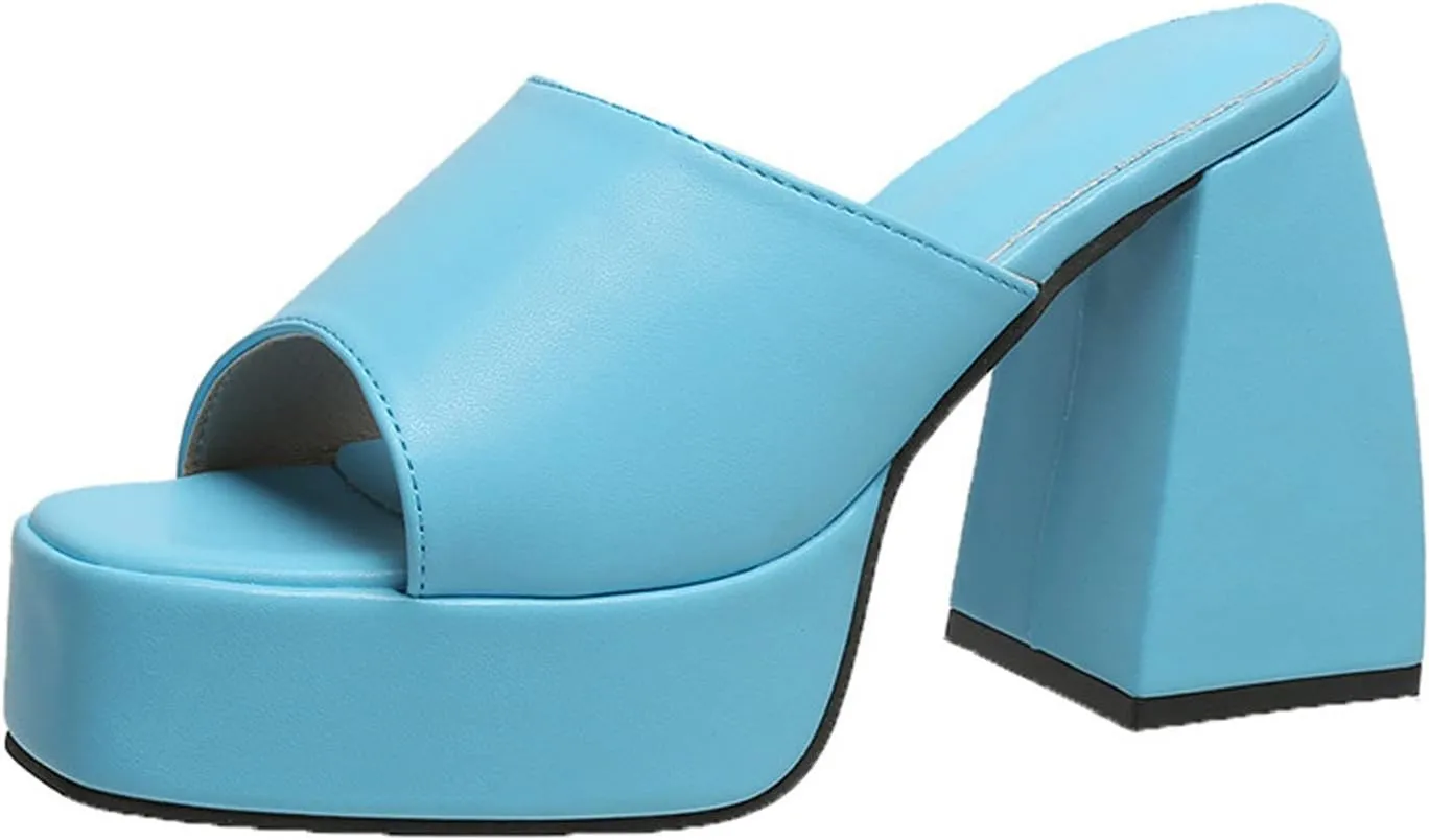 Chunky Heel Sandals for Women Platform Summer Square Head Fish Mouth Open Toe Slip on Block Heel High Heel Shoes Solid Casual Comfy Ladies Slipper