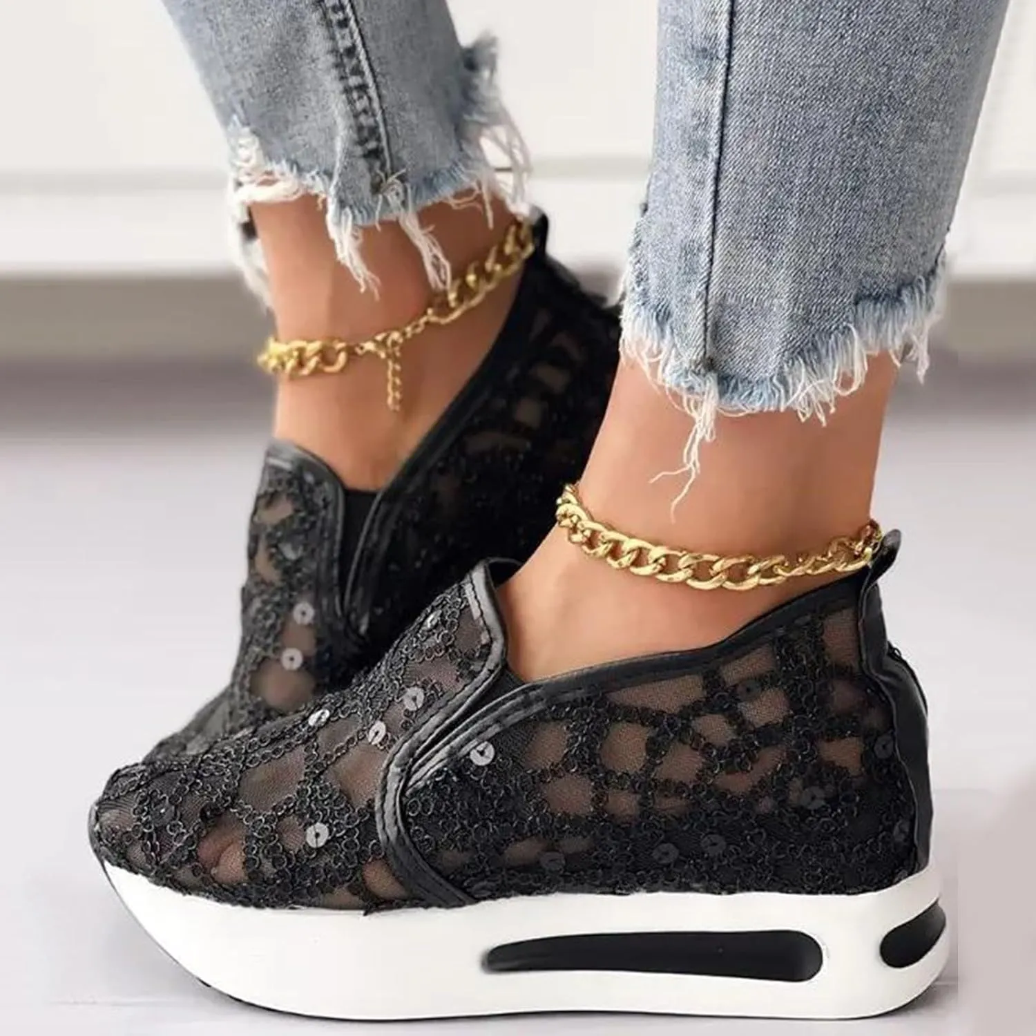 Fashion Sneakers for Women Floral Embroidery Breathable Sheer Mesh Sneakers Slip On Sneakers Platform Wedge Shoes