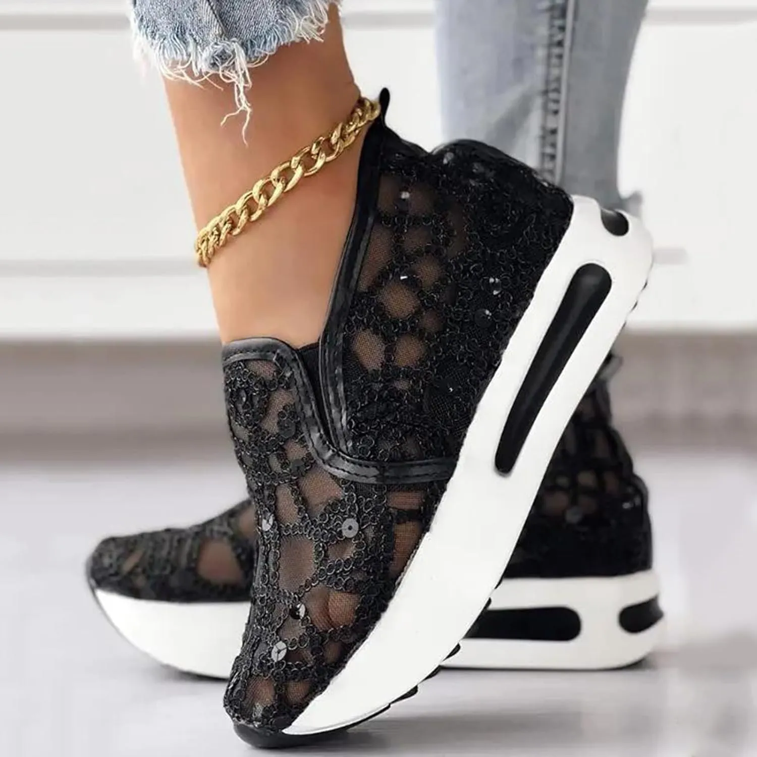 Fashion Sneakers for Women Floral Embroidery Breathable Sheer Mesh Sneakers Slip On Sneakers Platform Wedge Shoes