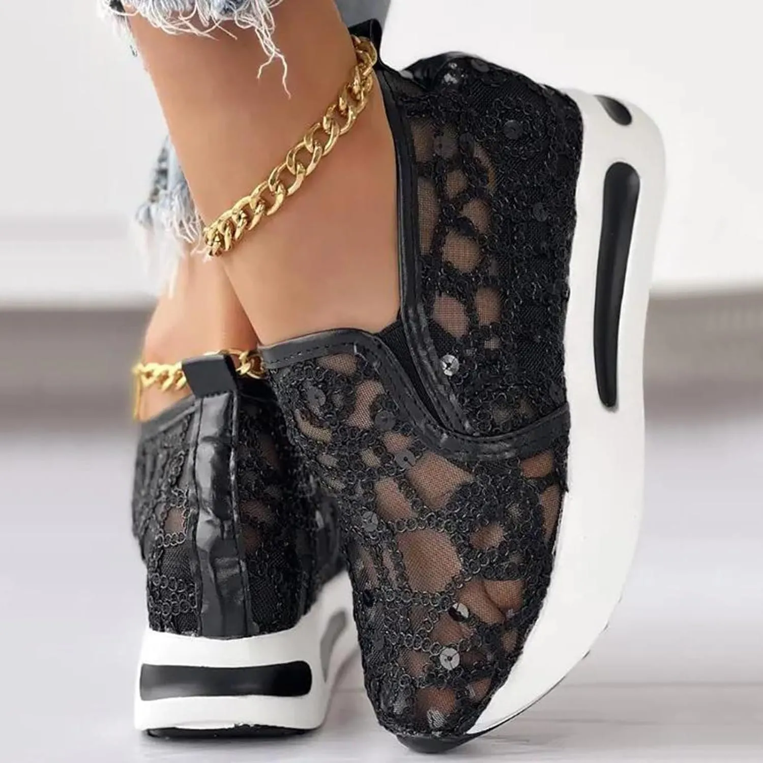 Fashion Sneakers for Women Floral Embroidery Breathable Sheer Mesh Sneakers Slip On Sneakers Platform Wedge Shoes