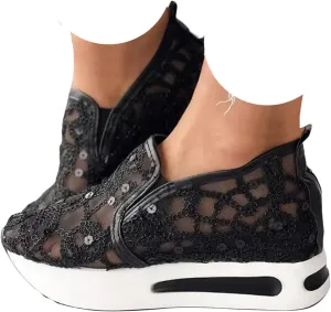 Fashion Sneakers for Women Floral Embroidery Breathable Sheer Mesh Sneakers Slip On Sneakers Platform Wedge Shoes