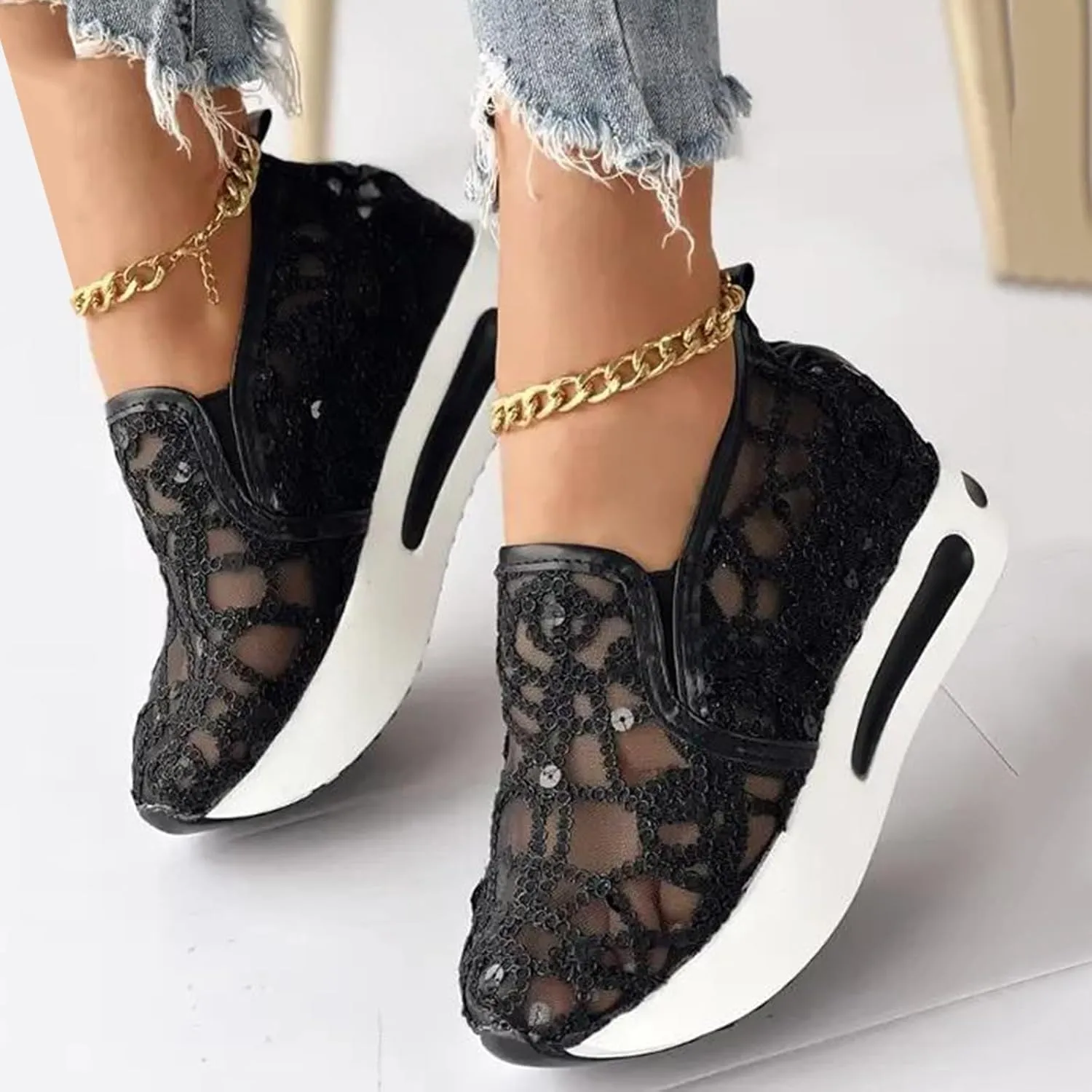 Fashion Sneakers for Women Floral Embroidery Breathable Sheer Mesh Sneakers Slip On Sneakers Platform Wedge Shoes