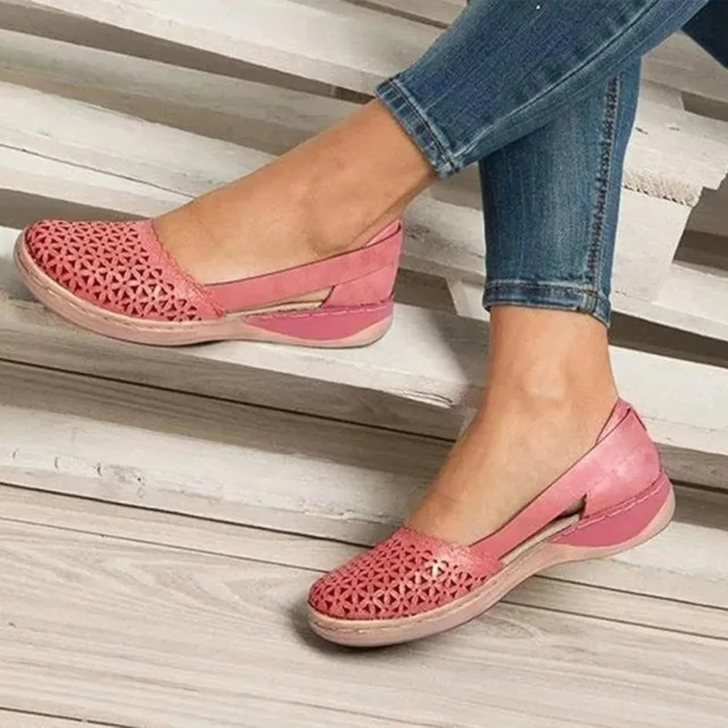 Flats for Women Baotou Hollow Wedge Sandals Low Heels Comfortable Vintage Slip on Shoes Breathable Elastic Sandal