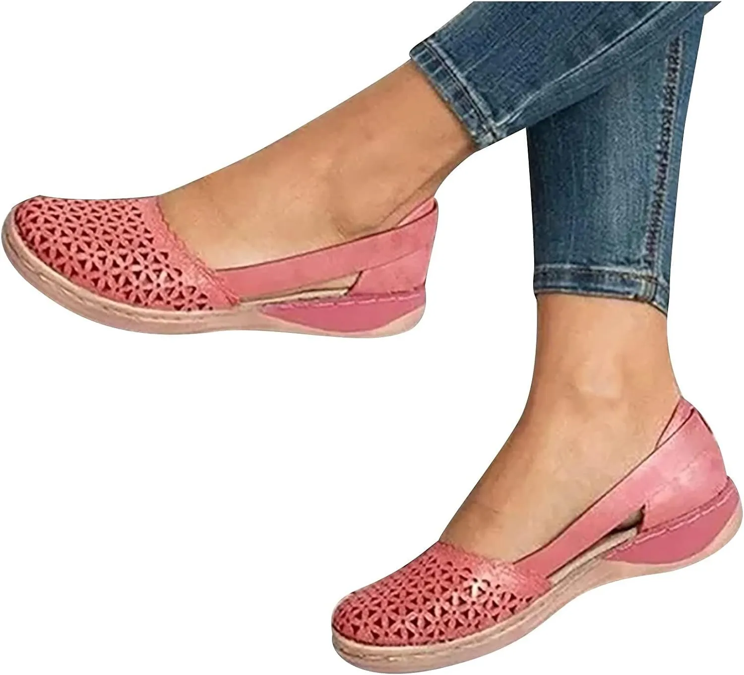 Flats for Women Baotou Hollow Wedge Sandals Low Heels Comfortable Vintage Slip on Shoes Breathable Elastic Sandal