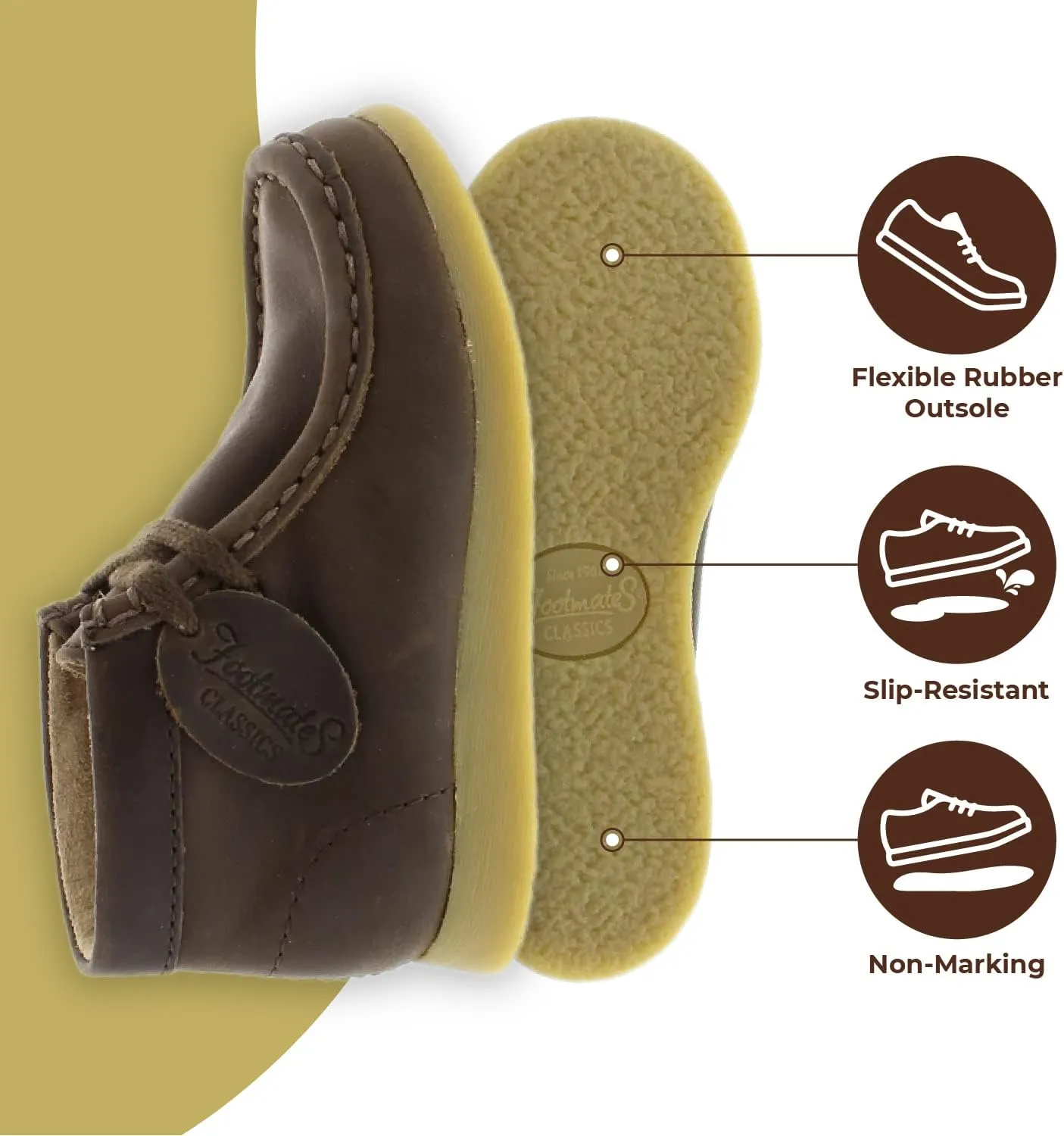 FOOTMATES Wally Lace-Up Wallabee Leather Moccasin Chukka Kids Hiking Boots with Wide Toe Box and Custom-Fit Insoles, Non-Marking Outsoles - For Toddlers and Little Kids, Ages 1-8