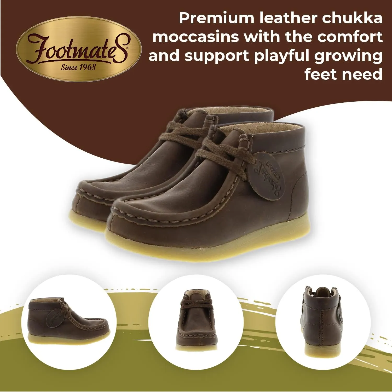 FOOTMATES Wally Lace-Up Wallabee Leather Moccasin Chukka Kids Hiking Boots with Wide Toe Box and Custom-Fit Insoles, Non-Marking Outsoles - For Toddlers and Little Kids, Ages 1-8