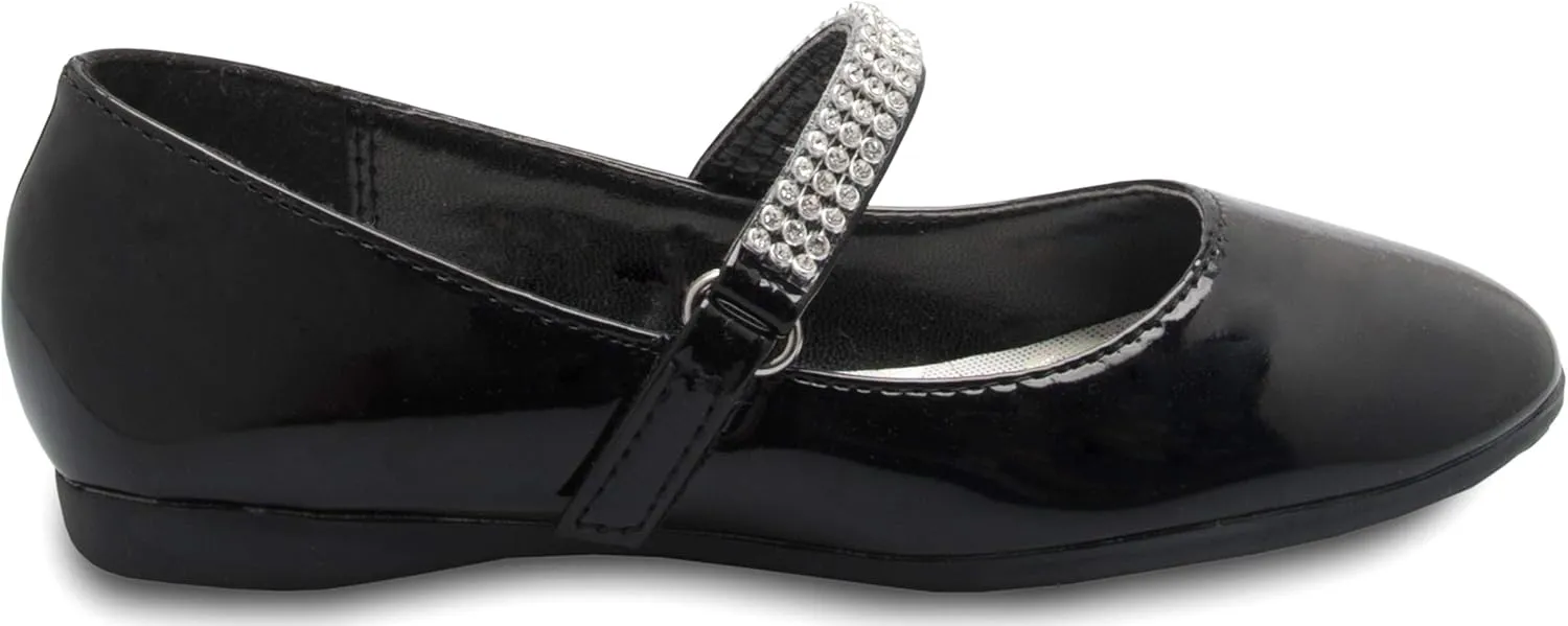 Girls Mary Jane Ballet Flat - Rhinestone on Strap - Easy Velcro Slip On