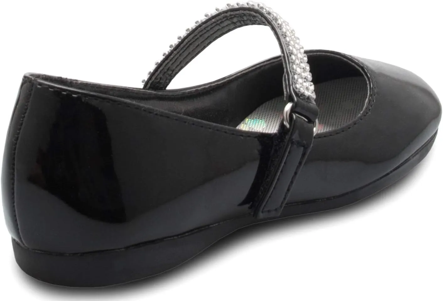 Girls Mary Jane Ballet Flat - Rhinestone on Strap - Easy Velcro Slip On