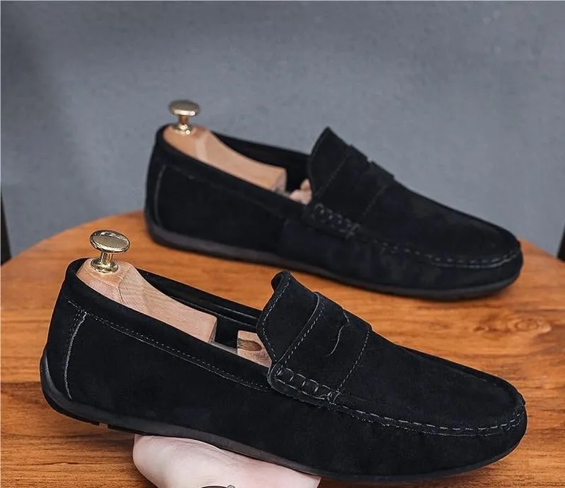 HOOENG Men's Loafers Suede Vamp Driving Penny Loafers Apron Toe Comfortable Flat Heel Lightweight Wedding Fashion Slip-ons