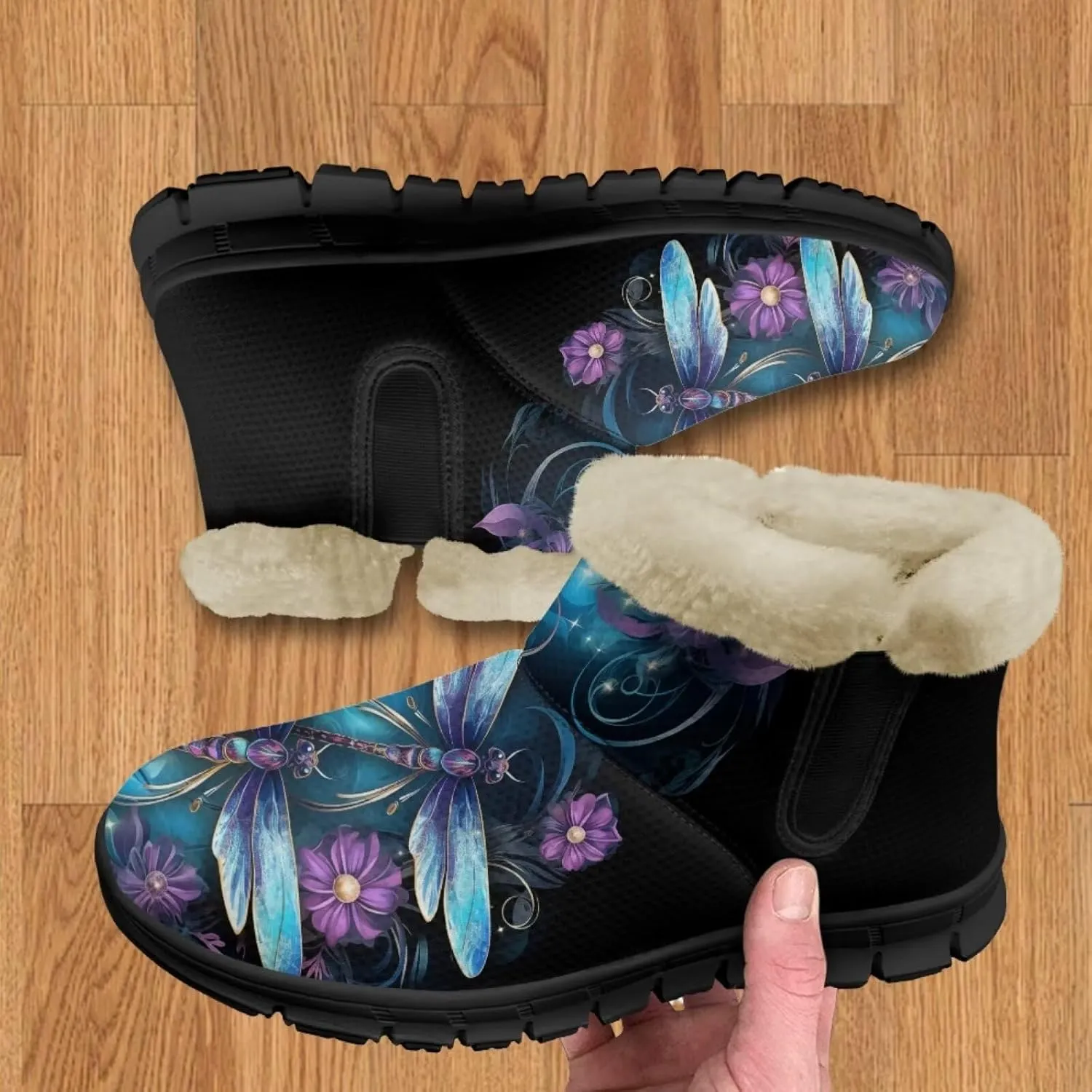 Jeiento Beauty Dragonfly Snow Boots for Women Flower Fuzzy Ankle Booties Hiking Boots Non Slip