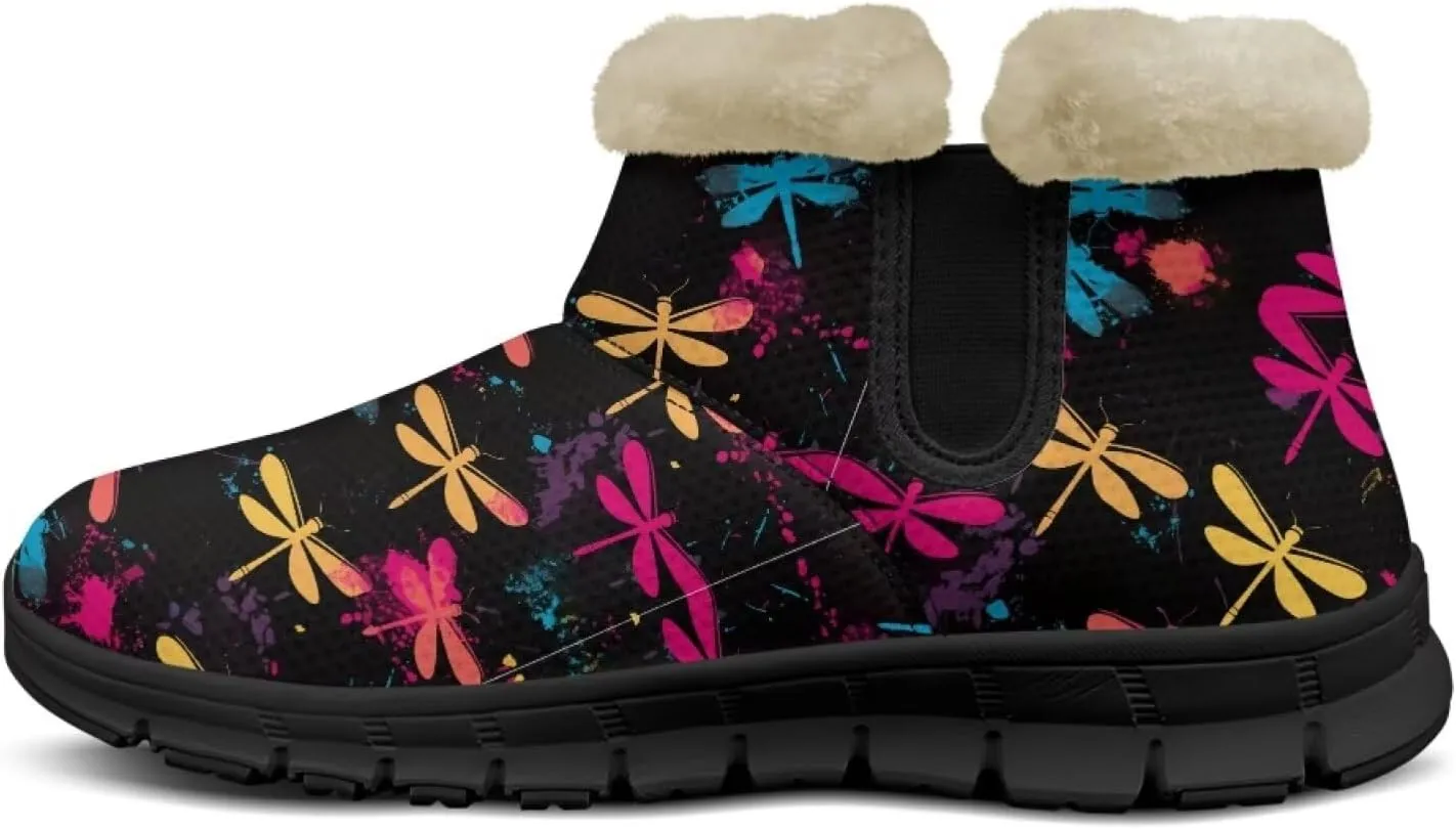 Jeiento Beauty Dragonfly Snow Boots for Women Flower Fuzzy Ankle Booties Hiking Boots Non Slip