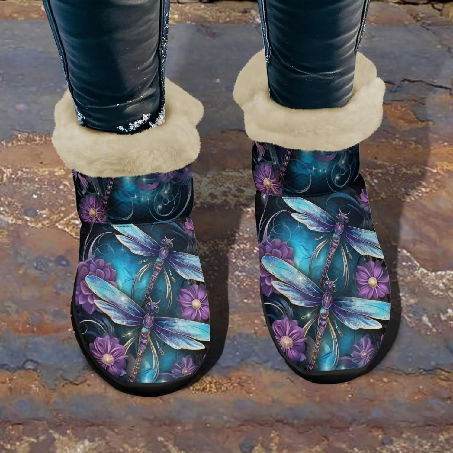 Jeiento Beauty Dragonfly Snow Boots for Women Flower Fuzzy Ankle Booties Hiking Boots Non Slip