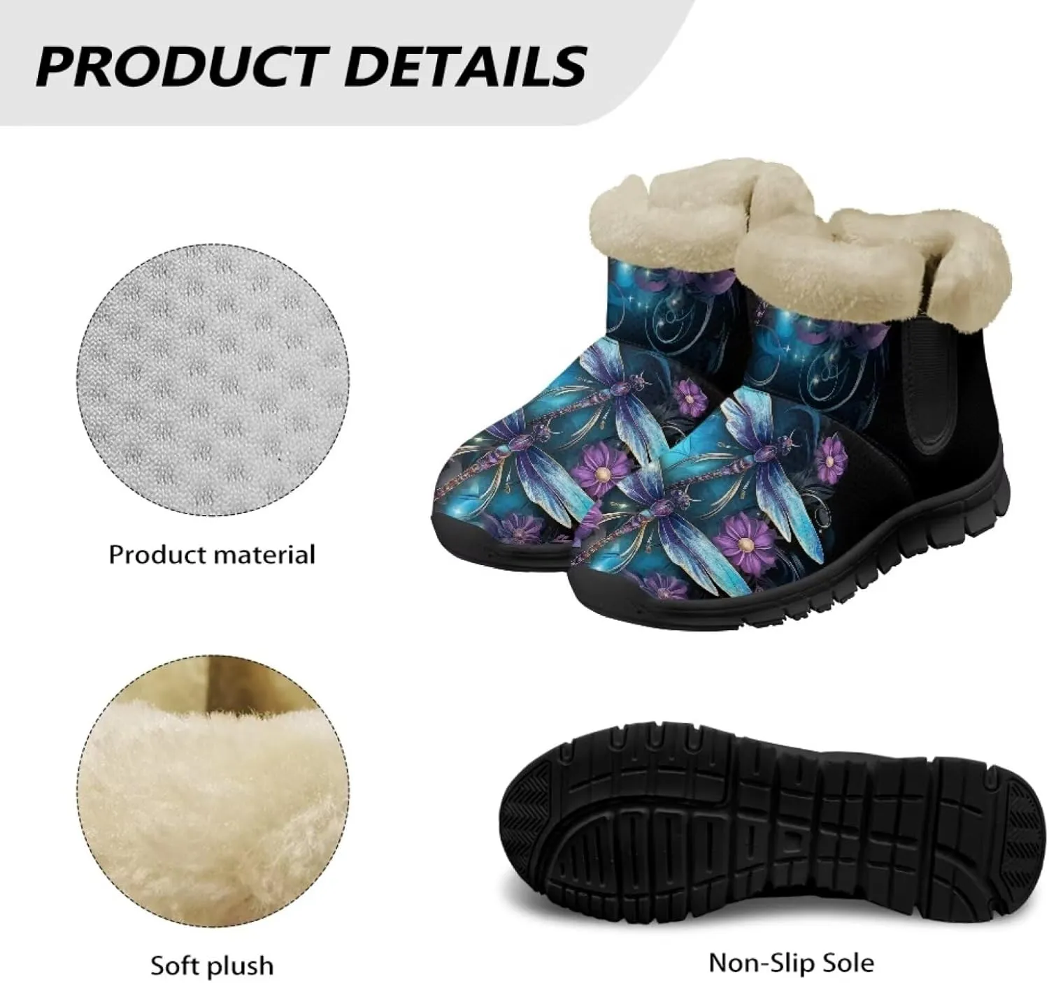 Jeiento Beauty Dragonfly Snow Boots for Women Flower Fuzzy Ankle Booties Hiking Boots Non Slip