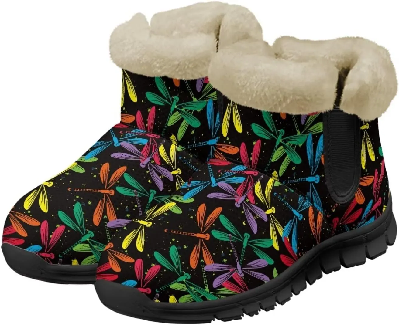 Jeiento Beauty Dragonfly Snow Boots for Women Flower Fuzzy Ankle Booties Hiking Boots Non Slip