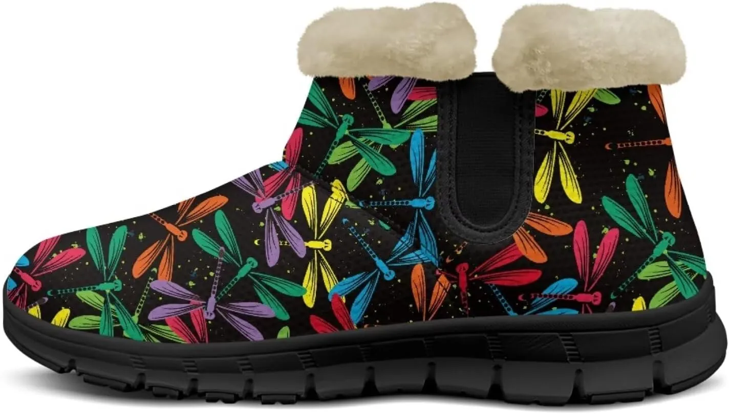 Jeiento Beauty Dragonfly Snow Boots for Women Flower Fuzzy Ankle Booties Hiking Boots Non Slip