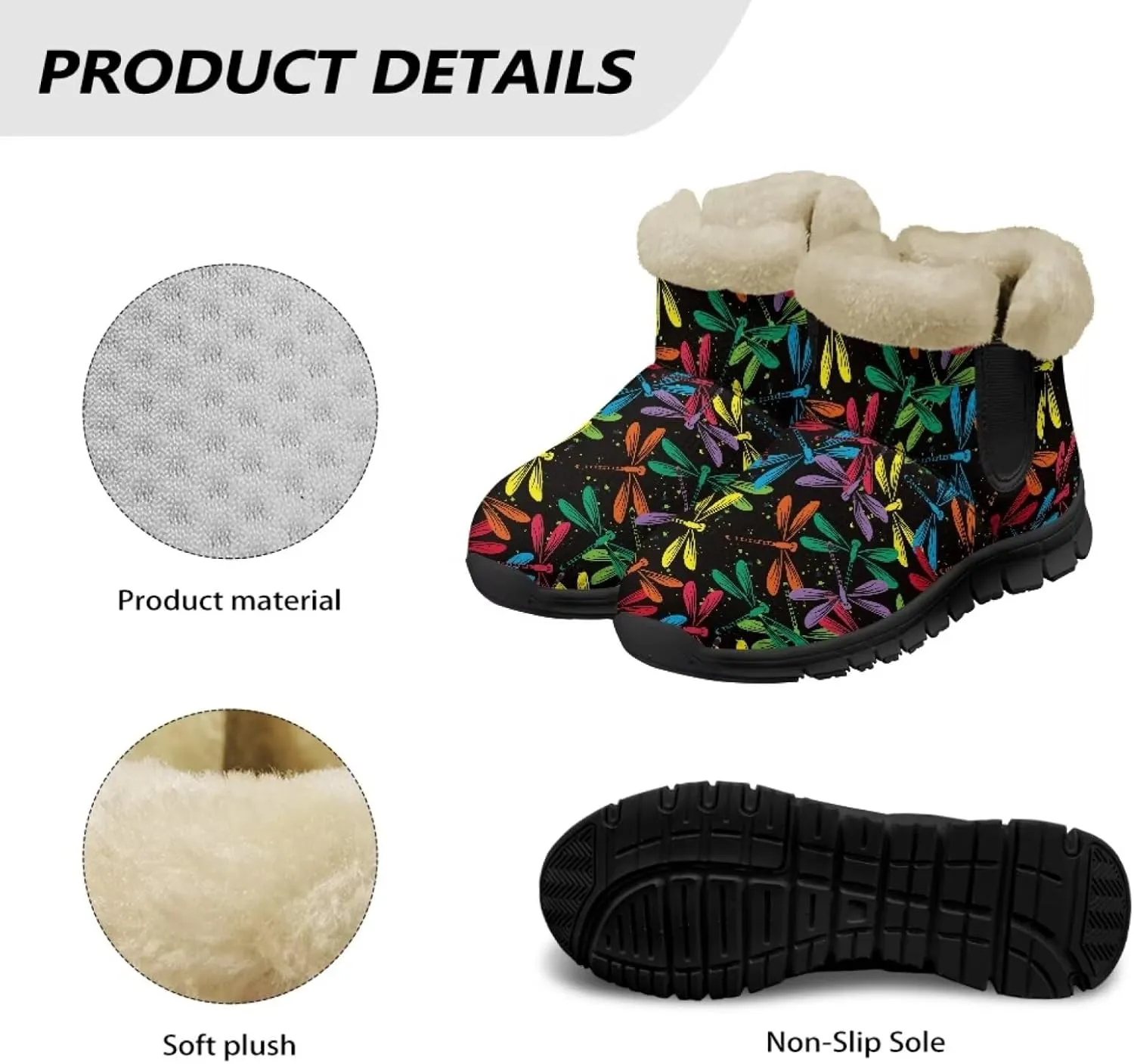 Jeiento Beauty Dragonfly Snow Boots for Women Flower Fuzzy Ankle Booties Hiking Boots Non Slip
