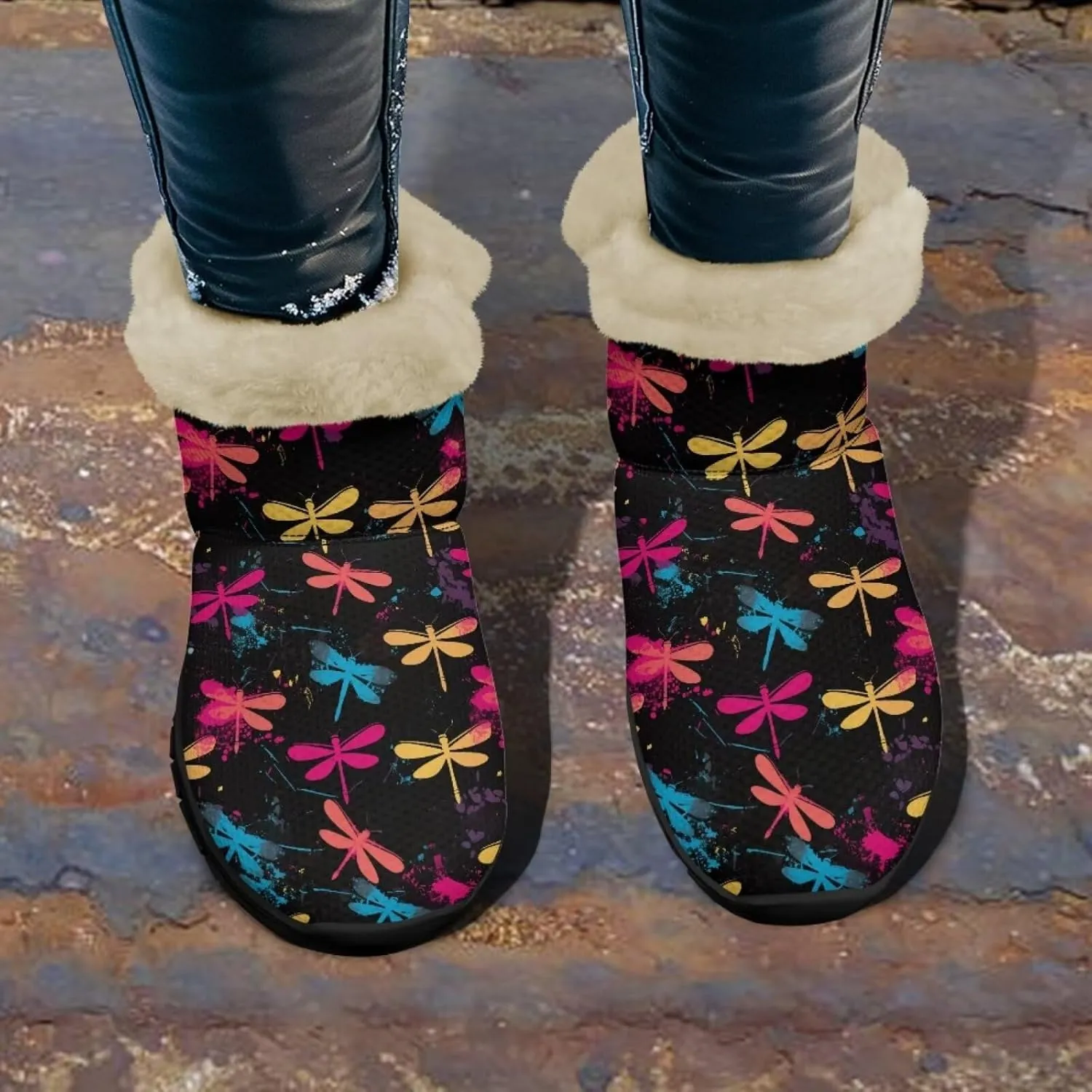 Jeiento Beauty Dragonfly Snow Boots for Women Flower Fuzzy Ankle Booties Hiking Boots Non Slip