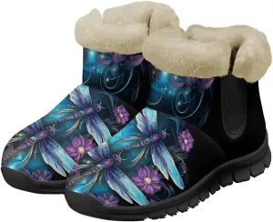 Jeiento Beauty Dragonfly Snow Boots for Women Flower Fuzzy Ankle Booties Hiking Boots Non Slip