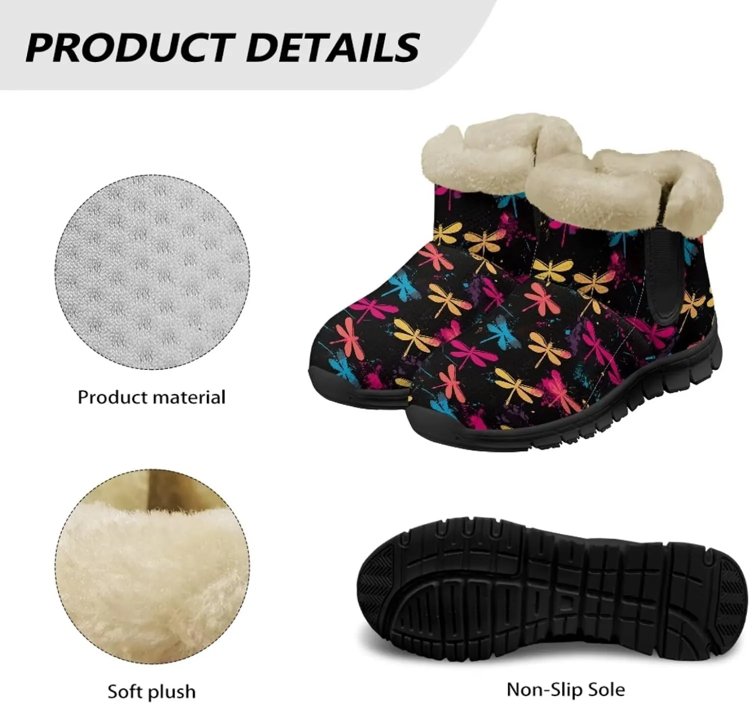 Jeiento Beauty Dragonfly Snow Boots for Women Flower Fuzzy Ankle Booties Hiking Boots Non Slip