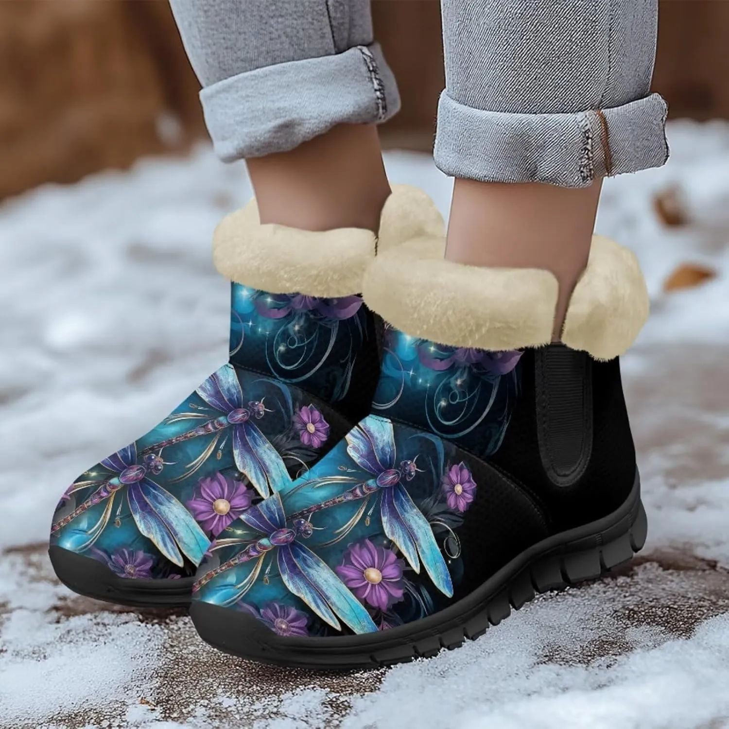 Jeiento Beauty Dragonfly Snow Boots for Women Flower Fuzzy Ankle Booties Hiking Boots Non Slip