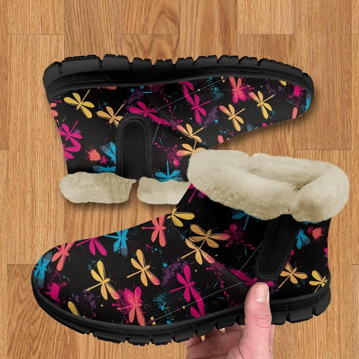Jeiento Beauty Dragonfly Snow Boots for Women Flower Fuzzy Ankle Booties Hiking Boots Non Slip