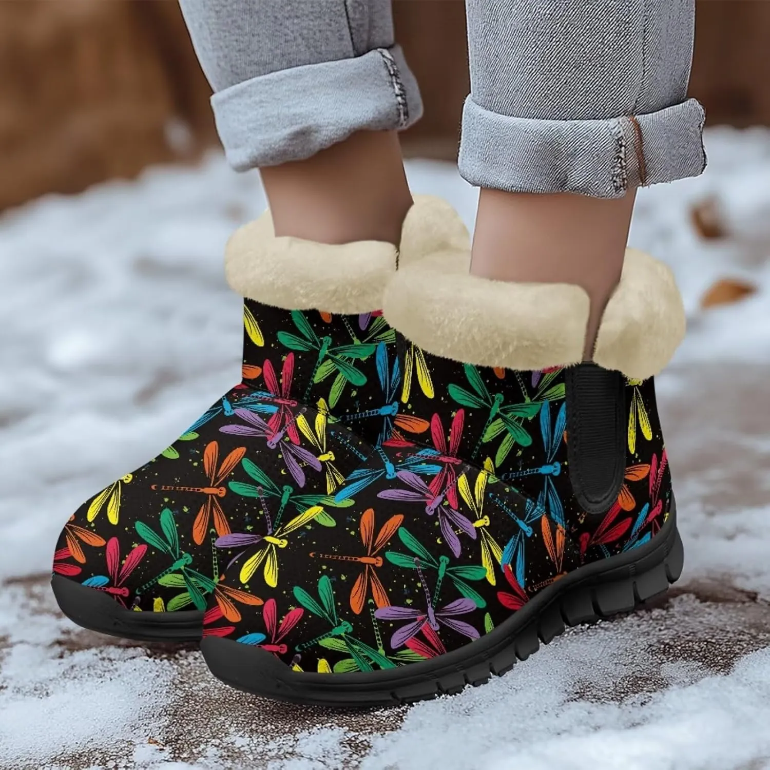 Jeiento Beauty Dragonfly Snow Boots for Women Flower Fuzzy Ankle Booties Hiking Boots Non Slip