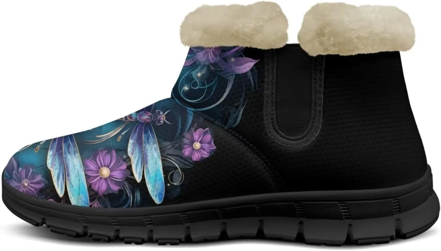 Jeiento Beauty Dragonfly Snow Boots for Women Flower Fuzzy Ankle Booties Hiking Boots Non Slip