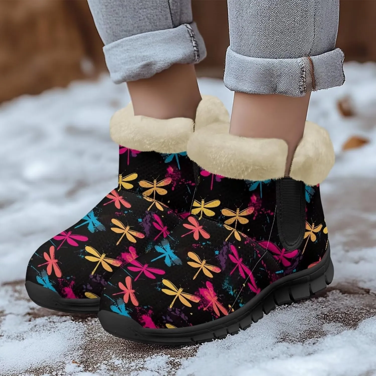 Jeiento Beauty Dragonfly Snow Boots for Women Flower Fuzzy Ankle Booties Hiking Boots Non Slip