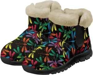 Jeiento Beauty Dragonfly Snow Boots for Women Flower Fuzzy Ankle Booties Hiking Boots Non Slip