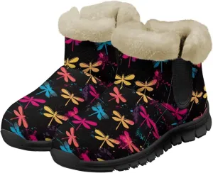 Jeiento Beauty Dragonfly Snow Boots for Women Flower Fuzzy Ankle Booties Hiking Boots Non Slip