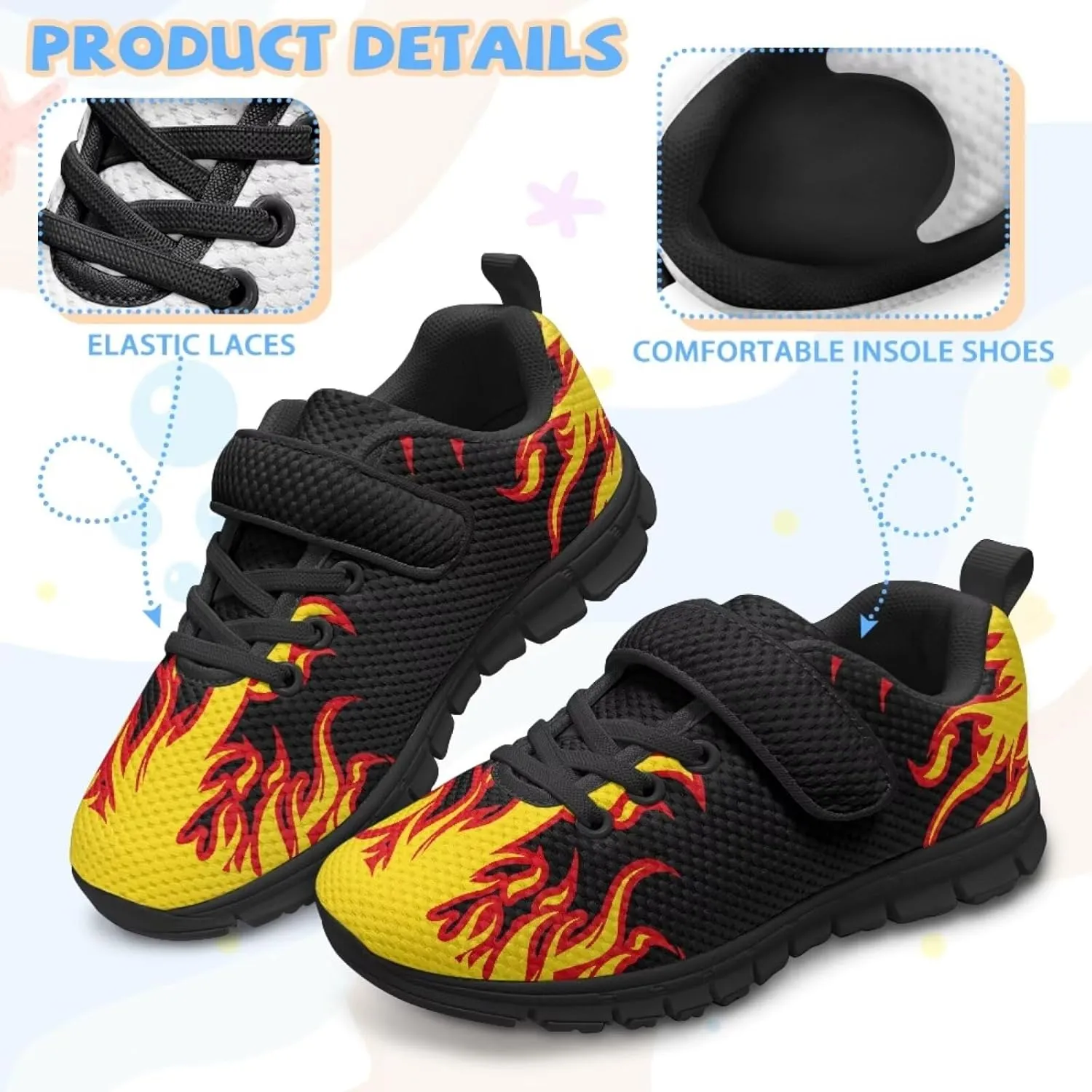 Kids Sneakers Boys Cool Print Running Tennis Shoes Lightweight Breathable Sport Athletic Shoes with One Strap