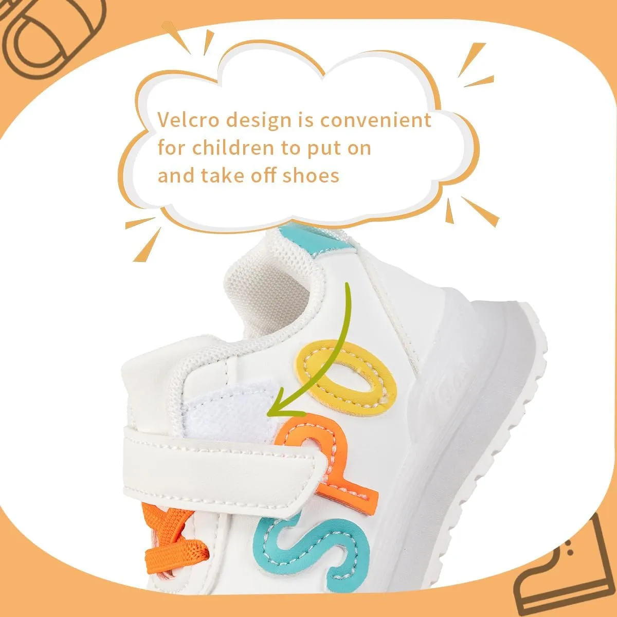 Kids Sport Sneakers with Velcro Strap, White Athletic Shoes with Colorful Letters, Non-Slip Sole