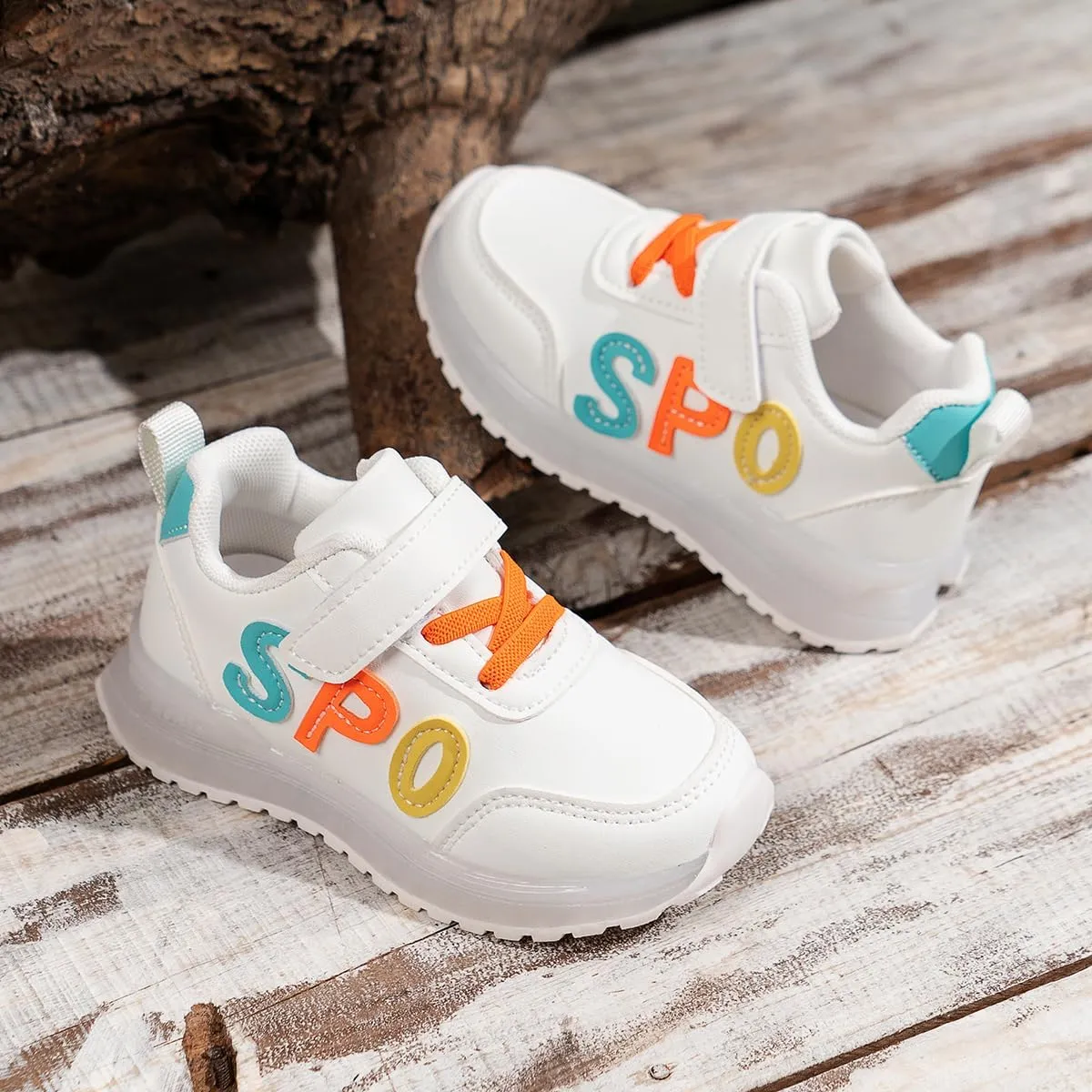 Kids Sport Sneakers with Velcro Strap, White Athletic Shoes with Colorful Letters, Non-Slip Sole