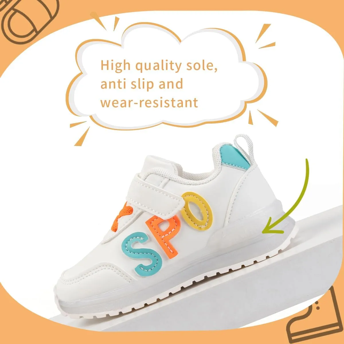 Kids Sport Sneakers with Velcro Strap, White Athletic Shoes with Colorful Letters, Non-Slip Sole