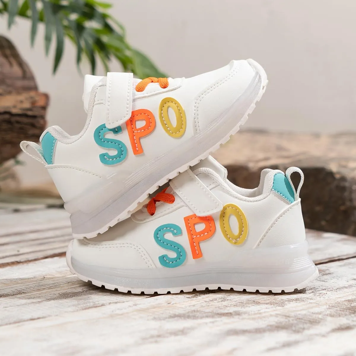 Kids Sport Sneakers with Velcro Strap, White Athletic Shoes with Colorful Letters, Non-Slip Sole